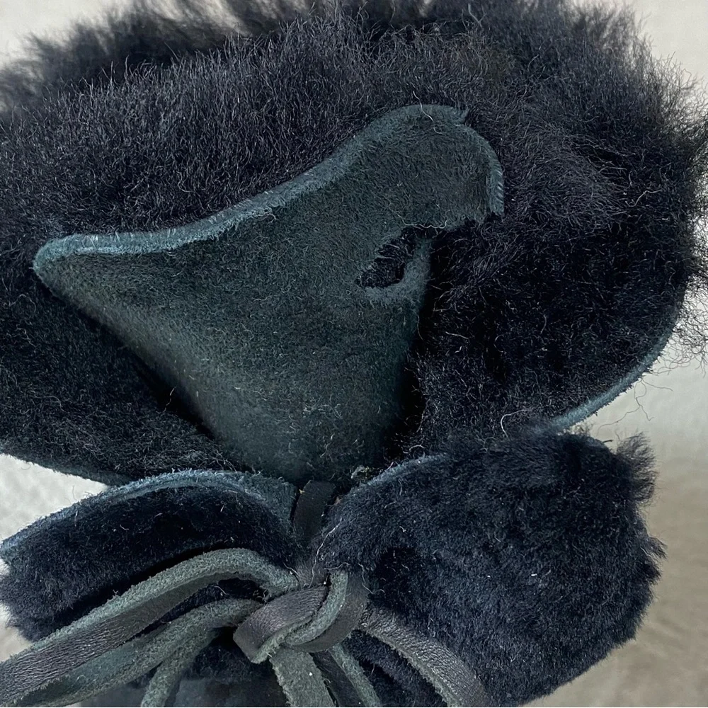 UGG Classic Mini Double Bow‎ Boots Womens Size 10 Black Sheepskin Suede *READ*